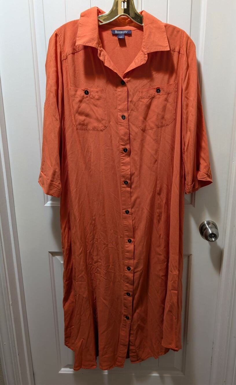 Roman's Orange Shirt Dress Women's 14 W Pockets Roll Tab Sleeves Button Down